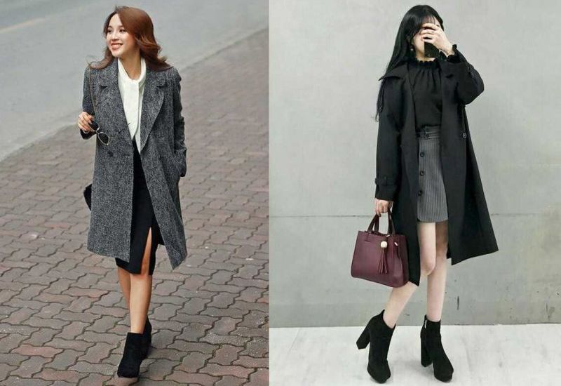 cách phối áo dạ dài với váy